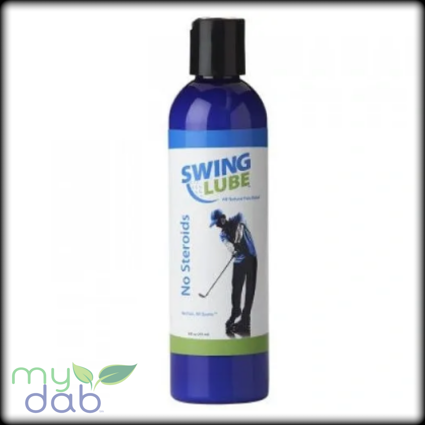Bottle of Swing Lube with a golfer graphic on a white background